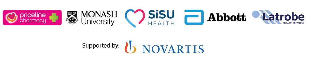 Logos of Latrobe Health, Priceline Pharmacy, SiSU Health, Abbott, Monash University, API and Novartis